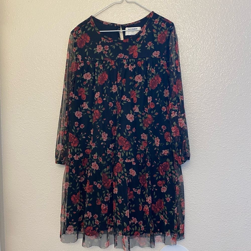 Old Navy long Sleeve stretch soft mesh Tiered Tulle Dress black floral L 10-12